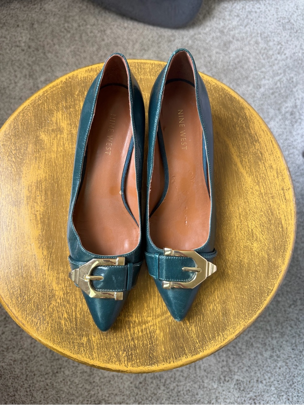 Nine West Vintage Teal Pointed Toe Kitten Heels with Gold Buckle
